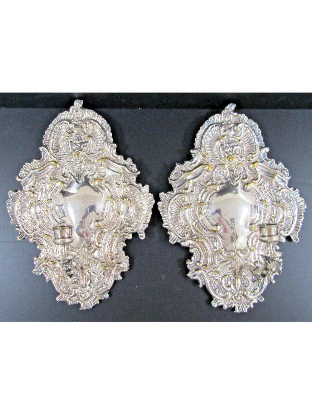 Matched Pair of Blaker Baroque-Style Repousse Silver Plated Brass Candle Sconces